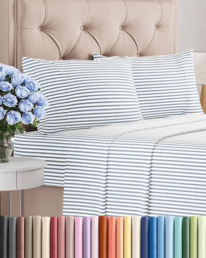 Cal King Size 4 Piece Sheet Set - Comfy Breathable & Cooling Sheets - Hotel Luxury Bed Sheets for Women & Men - Deep Pockets, Easy-Fit, Soft & Wrinkle Free Sheets - Blue Stripes Oeko-Tex Bed Sheet Set