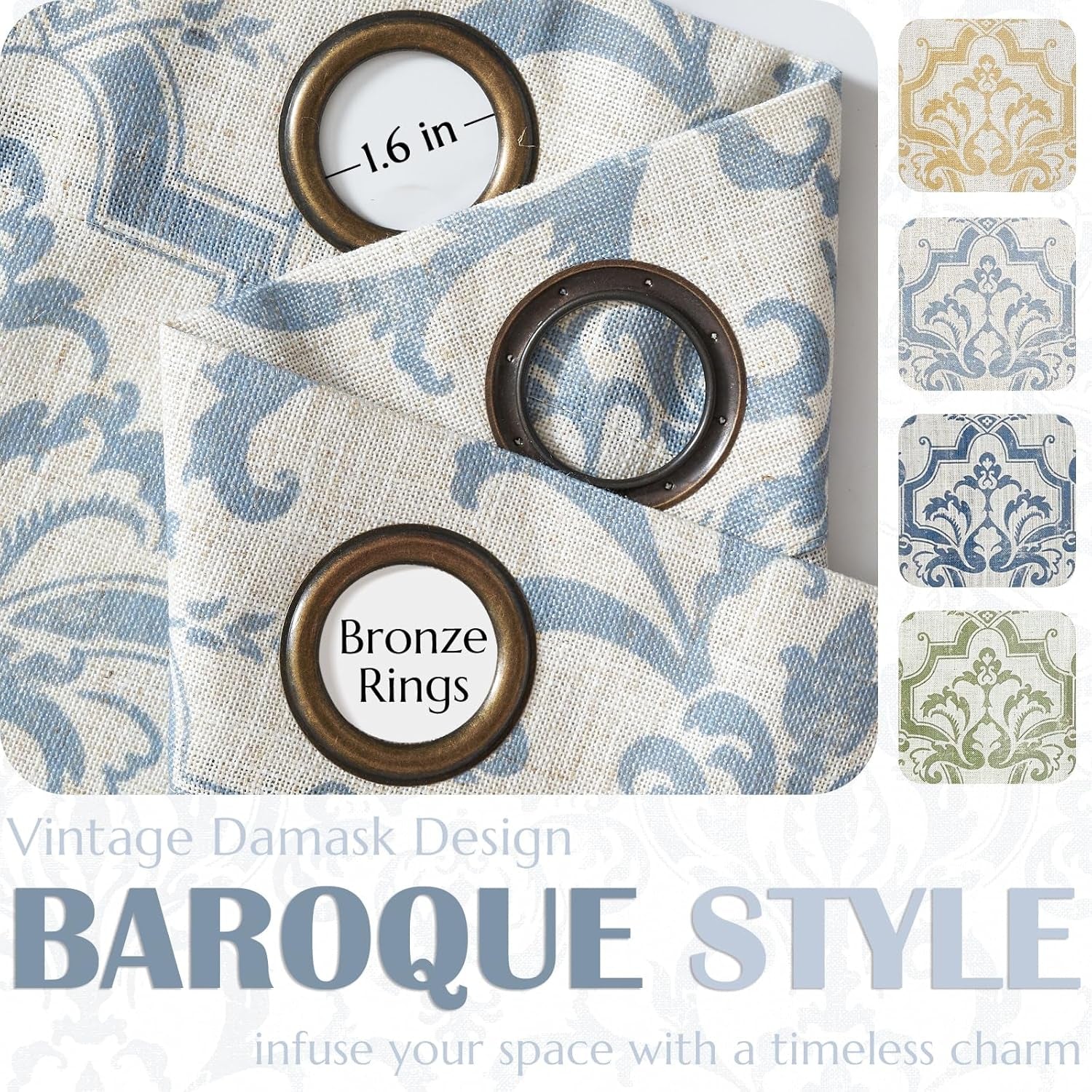 Curtains for Bedroom, Light Filtering 63 Inch Length 2 Panels Set, Baroque Style Linen Blend Drapes Living Room, Vintage Damask Window Treatments, Grommet Top Blue on Flax, W52 X L63