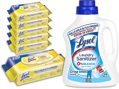 Disinfectant Multi-Surface Antibacterial Handi-Pack Cleaning Wipes, Lemon and Lime Blossom, 480 Count (Pack of 6) and Laundry Sanitizer Additive, Crisp Linen, 90Oz