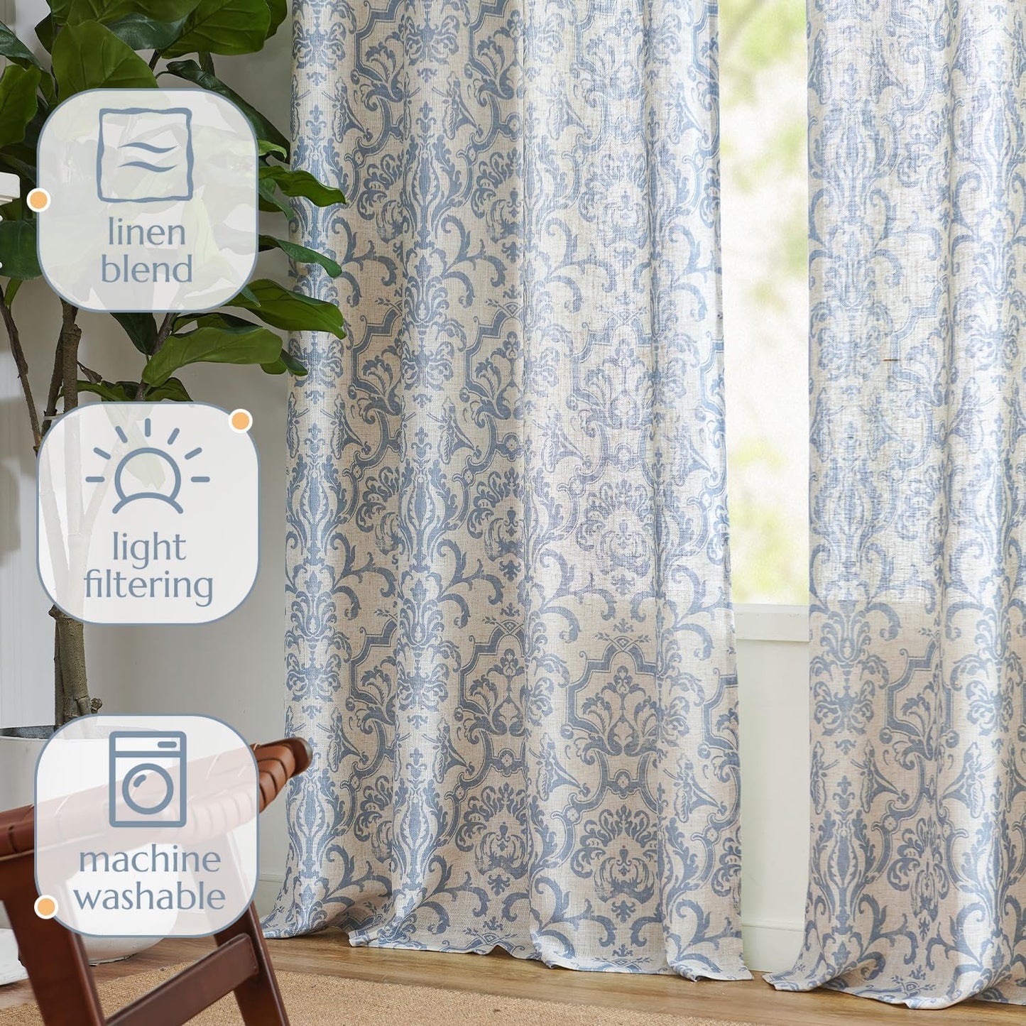 Curtains for Bedroom, Light Filtering 63 Inch Length 2 Panels Set, Baroque Style Linen Blend Drapes Living Room, Vintage Damask Window Treatments, Grommet Top Blue on Flax, W52 X L63