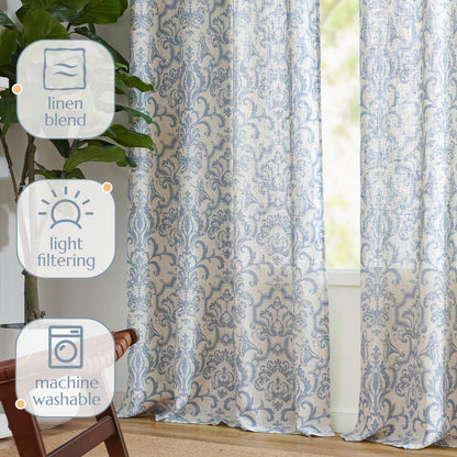 Curtains for Bedroom, Light Filtering 63 Inch Length 2 Panels Set, Baroque Style Linen Blend Drapes Living Room, Vintage Damask Window Treatments, Grommet Top Blue on Flax, W52 X L63