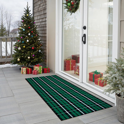 Christmas Outdoor Rug 2X4, Buffalo Plaid Green and Black Checkered Entryway Rug, Xmas Washable Front Porch Door Mat Woven Cotton Layered Doormat Rug for Bathroom Kitchen Patio Holiday Decor