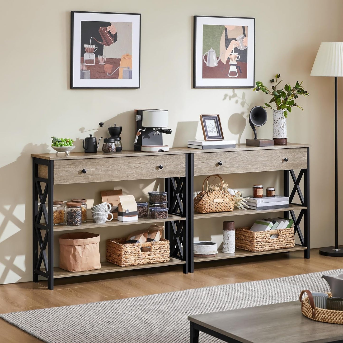 Console Table with Drawer, Entryway Table with 3 Tier Storage Shelves, Narrow Long Sofa Table for Entryway, Living Room, Hallway, Couch, Kitchen, Metal Frame, Gray