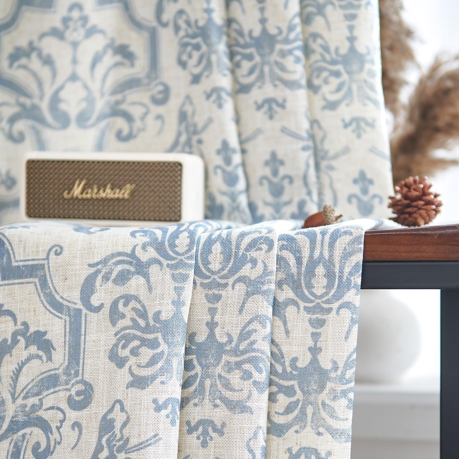 Curtains for Bedroom, Light Filtering 63 Inch Length 2 Panels Set, Baroque Style Linen Blend Drapes Living Room, Vintage Damask Window Treatments, Grommet Top Blue on Flax, W52 X L63