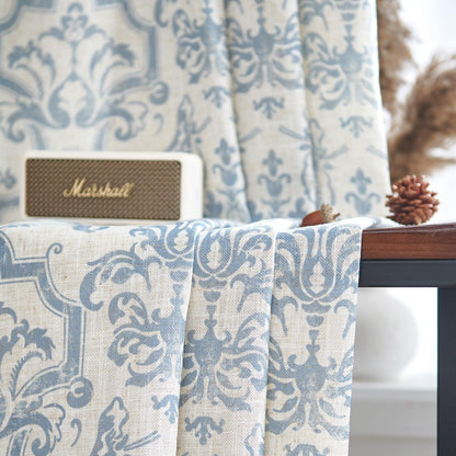 Curtains for Bedroom, Light Filtering 63 Inch Length 2 Panels Set, Baroque Style Linen Blend Drapes Living Room, Vintage Damask Window Treatments, Grommet Top Blue on Flax, W52 X L63